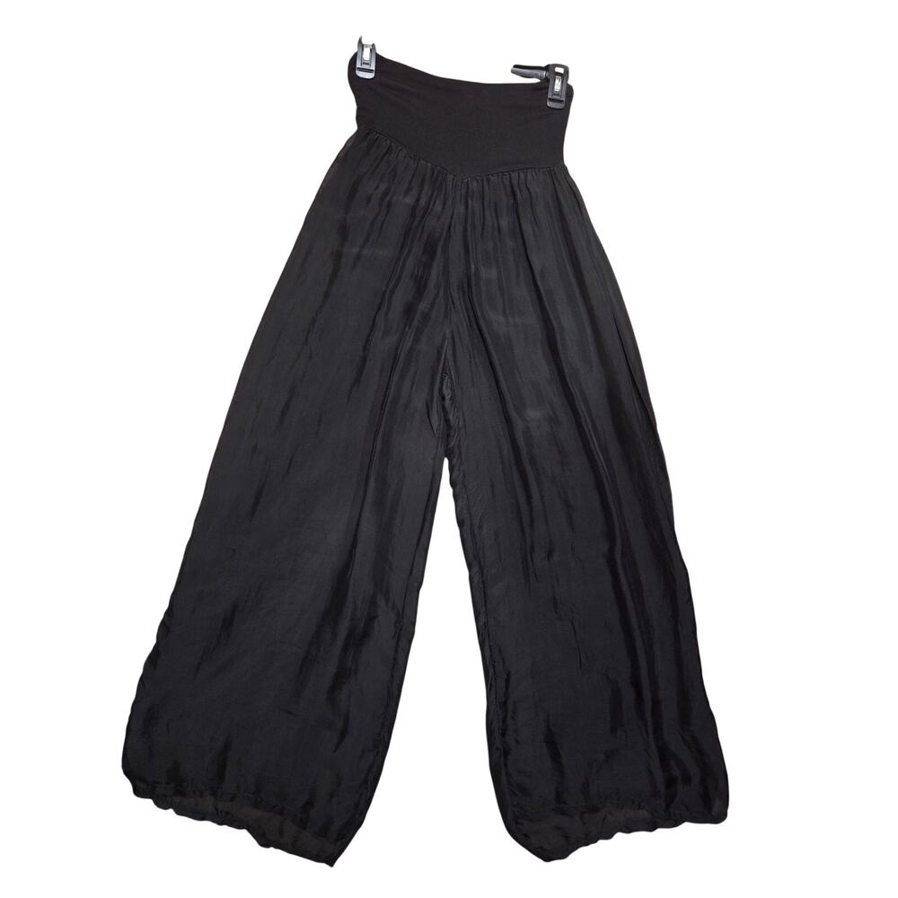 NWT Moda Italy Elastic waist Band Wide Leg Silk Beach Pants in Black Size S/M